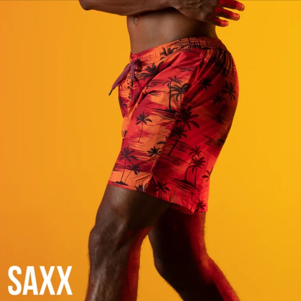 Brand New SAXX Men's Swim Cannonball Shorts in Red Palm Sunset